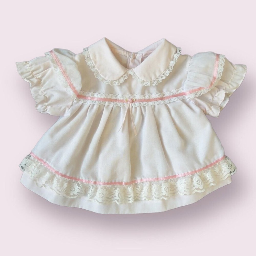 Vintage 18M Pink Toddler Dress Peter Pan Collar Lace Trim Rosebud Ruffle Dainty